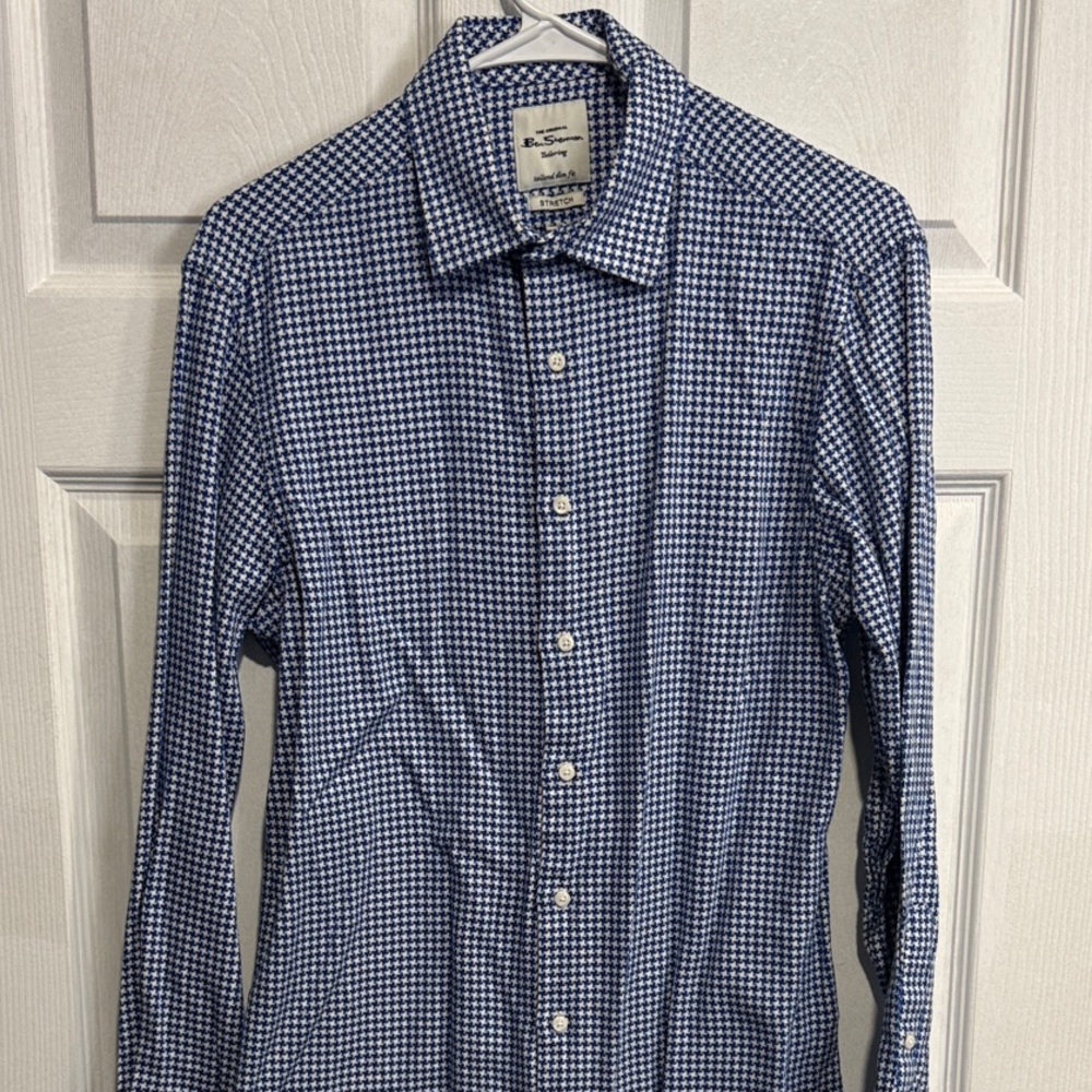 Ben Sherman Blue Houndstooth Button Down Shirt 15.5